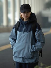 Color Matching Tooling Hooded Pullover Jacket For Men And Women (Option: Light Blue-L)