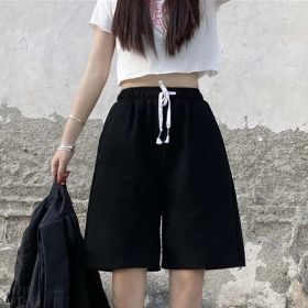 Summer New Loose High Waist Slimming Black Wide-leg Sports Shorts For Women (Option: black-M)