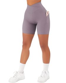 Women's Cross Sports Tight Short Belt Pockets (Option: Purple-XL)